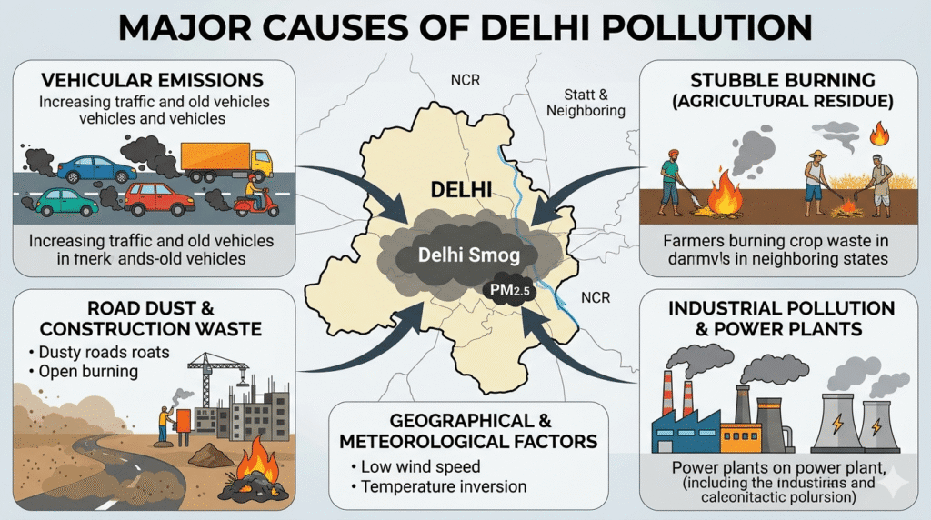 Infographic showing major causes of Delhi AQI including vehicular emissions, stubble burning, road dust, construction waste, industrial pollution, and weather factors contributing to severe air pollution in Delhi.