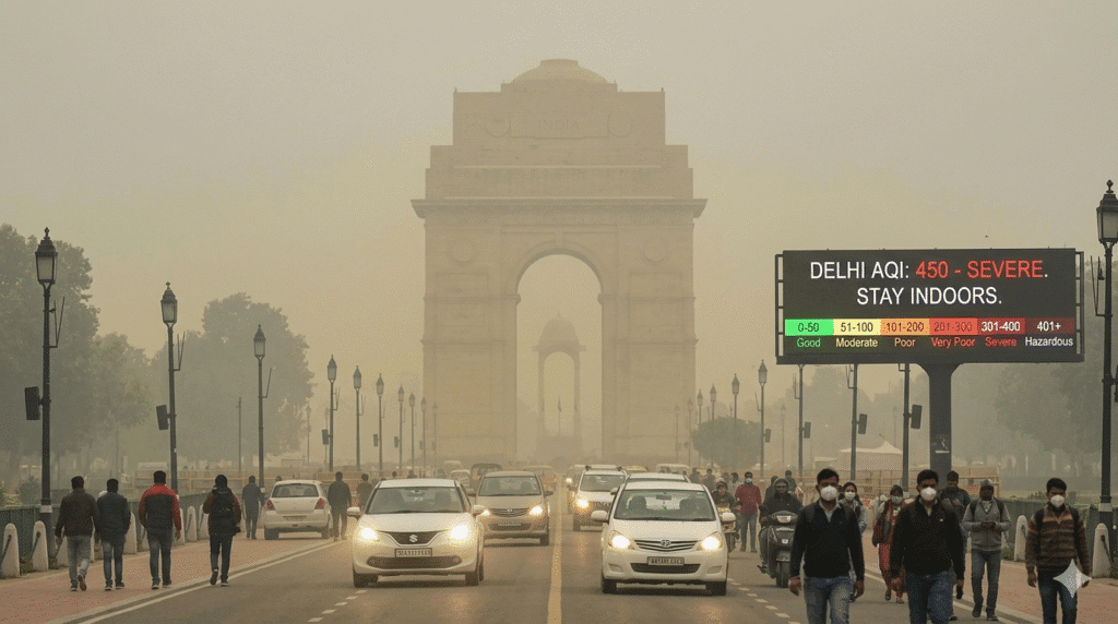Delhi AQI severe level near India Gate with heavy smog and low visibility due to air pollution