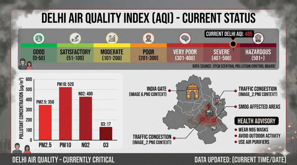 current Delhi AQI levels with pollution scale from good to hazardous category