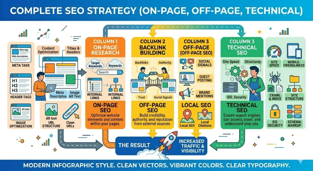 SEO strategy image with on-page, off-page, and technical SEO