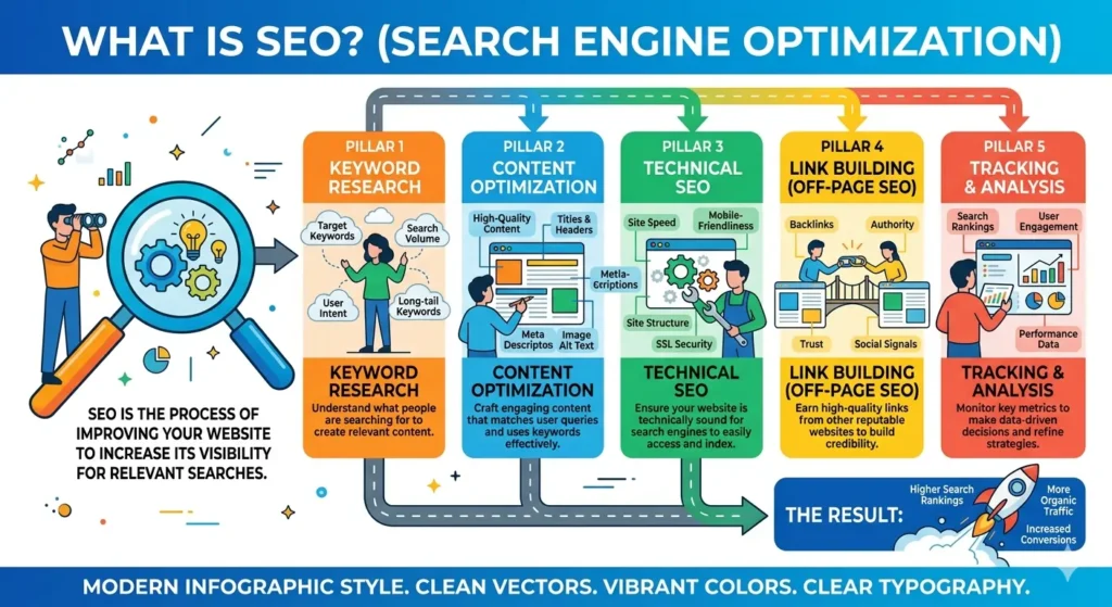 SEO infographic explaining search engine optimization process including keyword research, on-page SEO, technical SEO and backlinks