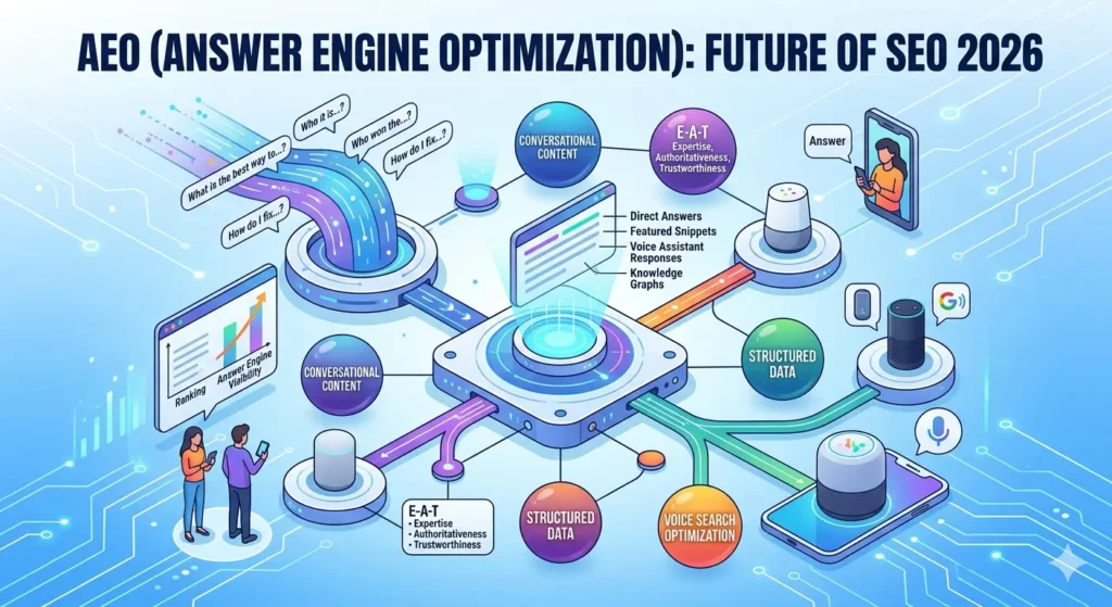 AEO (Answer Engine Optimisation) Future of SEO 2026 concept with AI answers, voice search and structured data